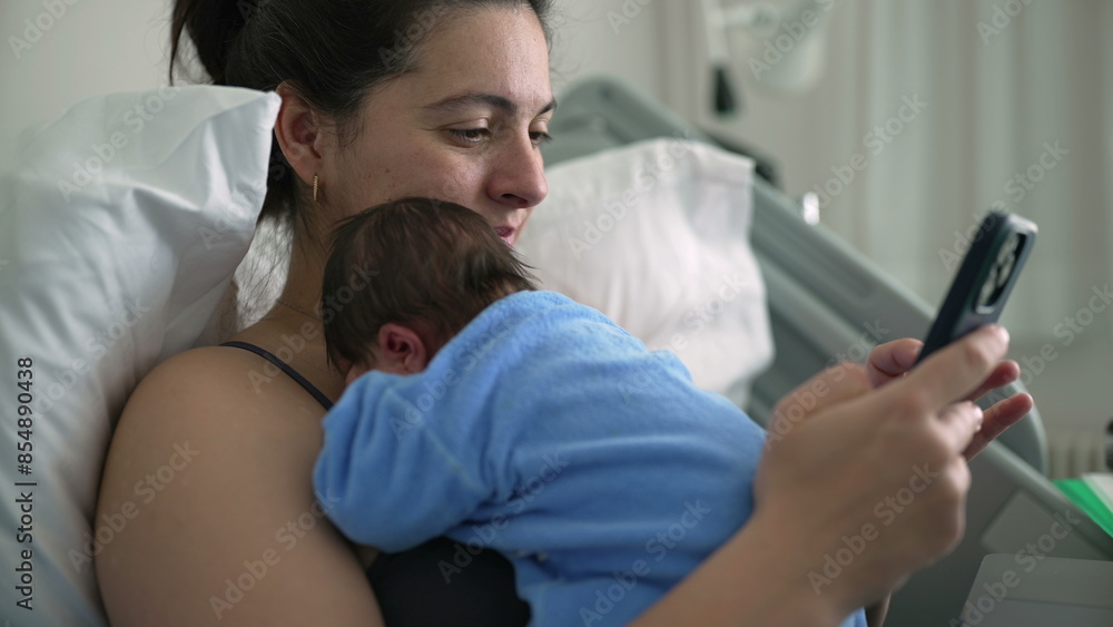 New mother in hospital bed using smartphone with newborn baby on chest, balancing parenting and technology, healthcare setting, postnatal care, family connection, modern motherhood challenges New mother in hospital bed using smartphone with newborn baby on chest, balancing parenting and technology, healthcare setting, postnatal care, family connection, modern motherhood challenges