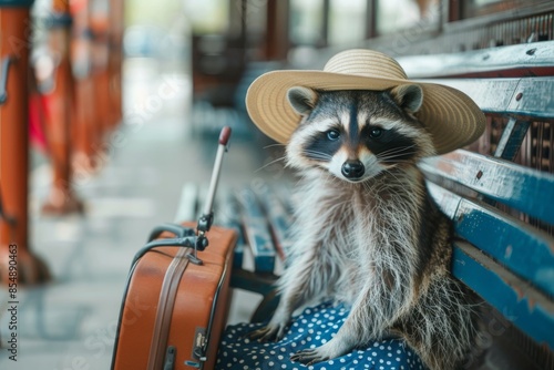 A happy raccoon in a polka-dot dress and a sun hat, sitting on a bench at a bus station with a suitcase by its side. 