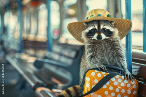 A happy raccoon in a polka-dot dress and a sun hat, sitting on a bench at a bus station with a suitcase by its side.