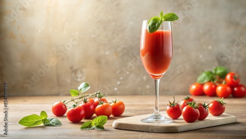 An editorial style photo of the pink-colored sweet and sour tomato cocktail in a champagne glass, with two fresh tomatoes on one side and basil leaves on top. The light beige background has soft shado photo