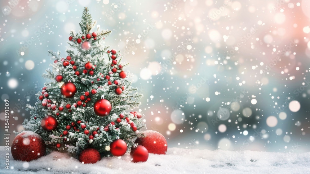 Beautiful Snowy Christmas Tree with Red Ornaments Generative AI Beautiful Snowy Christmas Tree with Red Ornaments Generative AI