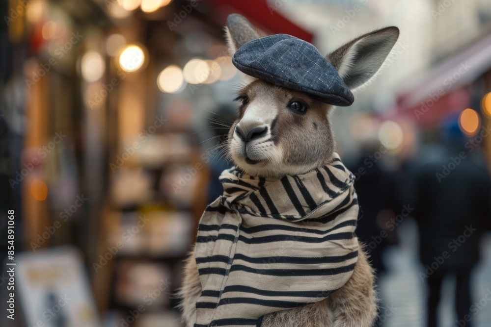 A kangaroo in a beret and striped shirt performs a silent act on the streets of Paris, entertaining passersby. The Eiffel Tower stands tall in the background. A kangaroo in a beret and striped shirt performs a silent act on the streets of Paris, entertaining passersby. The Eiffel Tower stands tall in the background.