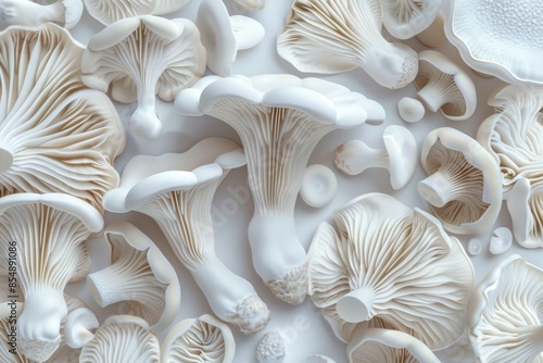 A mesmerizing composition of various white mushrooms overlapping and blending together. Illustration On a clear white background --ar 3:2 --style raw Job ID: 8f82c5de-9ddf-4aea-8675-f82fc00e73ed