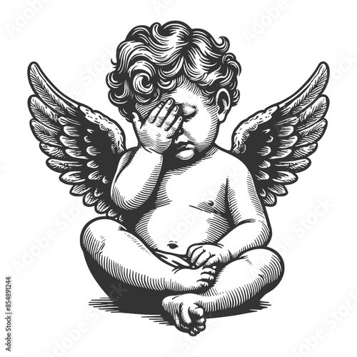 cherub angel sitting with one hand covering its face, expressing frustration or disappointment sketch engraving generative ai vector illustration. Scratch board imitation. Black and white image.