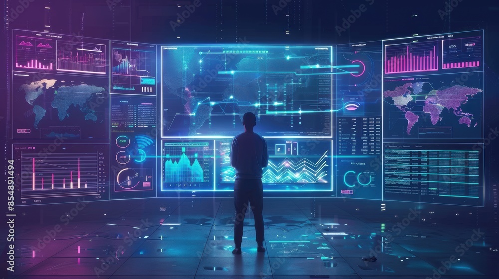 Business analyst studying global data insights on a wall of monitors Business analyst studying global data insights on a wall of monitors