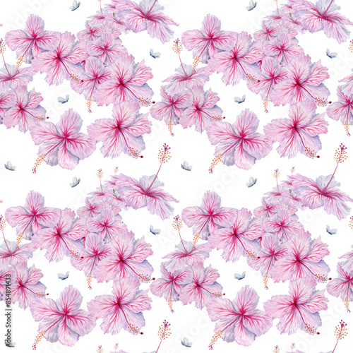Pink Hibiscus Flowers seamless pattern with tiny butterflies. Watercolor illustration on transparent background. For floral botanical cards, wallpapers and bedding linen tropical fabric designs