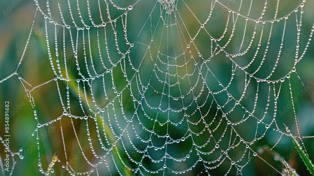 Naklejka premium Spider web adorned with dew drops
