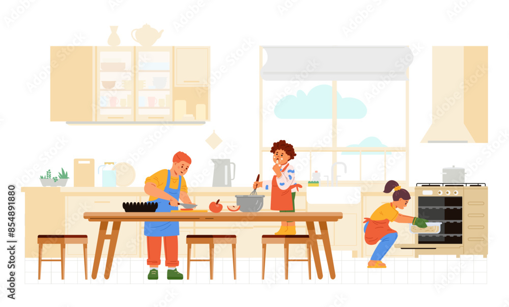 Fototapeta premium Children of different age cooking together in the kitchen flat vector illustration. Kids in aprons making dinner.
