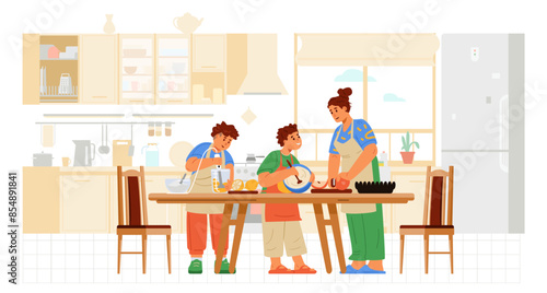 Mother with two sons in aprons cooking in the kitchen flat vector illustration. Children and woman preparing food together.
