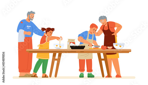 ПечатьGrandparents with two grandchildren boy and girl cooking together on kitchen table flat vector illustration isolated on white.