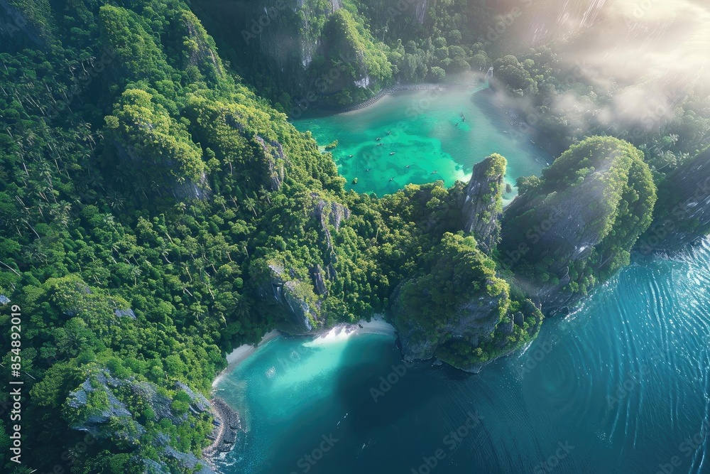 A breathtaking aerial view of a tropical island with clear turquoise waters, lush greenery, and towering cliffs under a sunlit sky. A breathtaking aerial view of a tropical island with clear turquoise waters, lush greenery, and towering cliffs under a sunlit sky.
