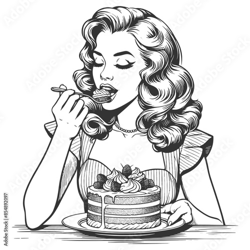 pin-up girl savoring a piece of cake encapsulating classic beauty and indulgence sketch engraving generative ai fictional character vector illustration. Scratch board imitation. Black and white image.
