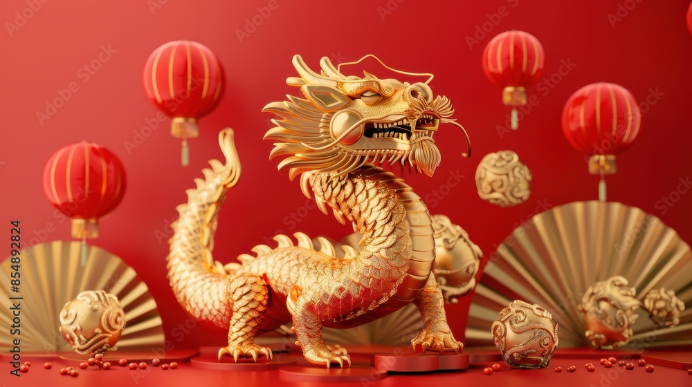 Obraz premium Golden dragon figurine on podium for chinese new year celebration