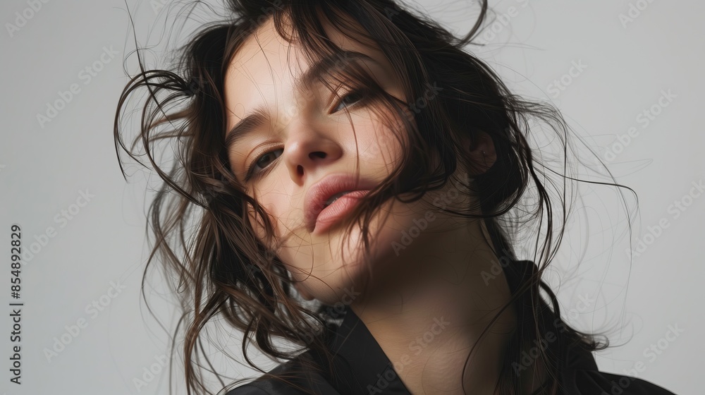 beautiful portrait of fashionable stylish woman with tousled hair intense gaze against simple background beautiful portrait of fashionable stylish woman with tousled hair intense gaze against simple background