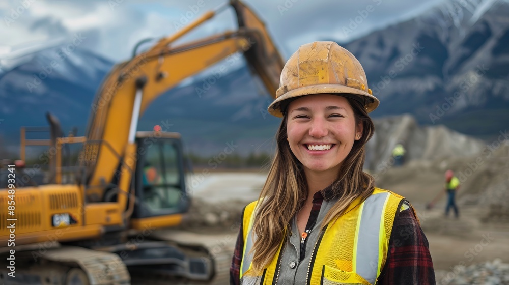 Smiling female construction worker in safety gear at a work site with an excavator in the background. Outdoor setting with mountains. Smiling female construction worker in safety gear at a work site with an excavator in the background. Outdoor setting with mountains.