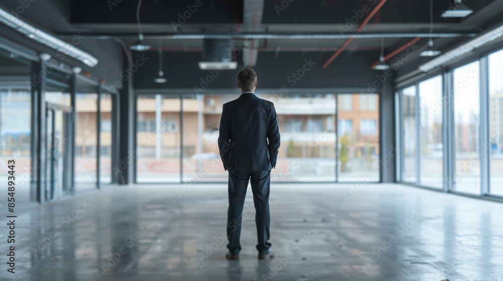 Fototapeta premium Businessman contemplating empty commercial space for lease