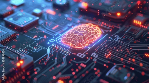 A digital brain on a circuit board in red and blue