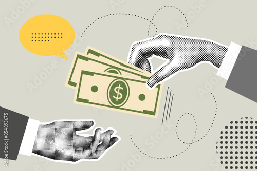 Trendy halftone collage of business concept. Money making concept. Trendy modern retro illustration. Vector illustration of business, contract approval, finance, marketing materials. Vector