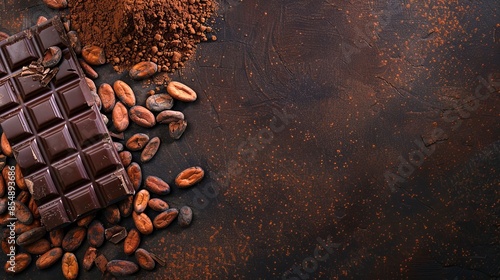 Top view of chocolate bars, cocoa powder, and cocoa beans on a dark rustic background. This image conceptually represents the raw elements of chocolate. Ideal for food blogs or culinary websites. AI