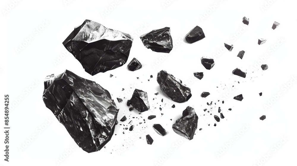 Black rocks falling against a white background Black rocks falling against a white background