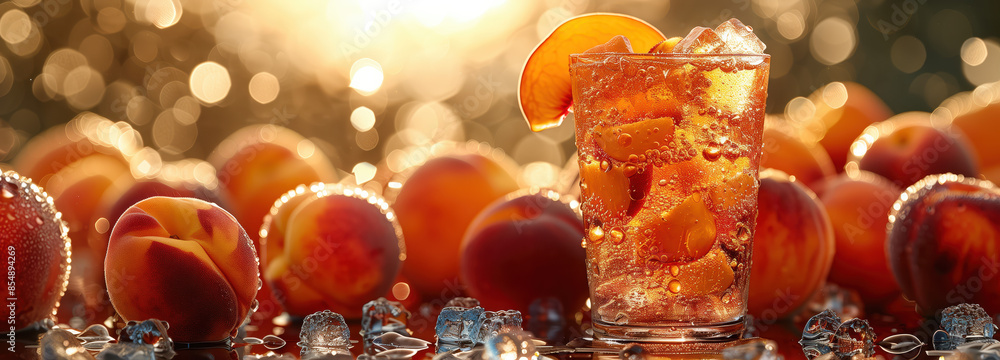 Iced tea with peach slice, surrounded by peaches and ice cubes Iced tea with peach slice, surrounded by peaches and ice cubes
