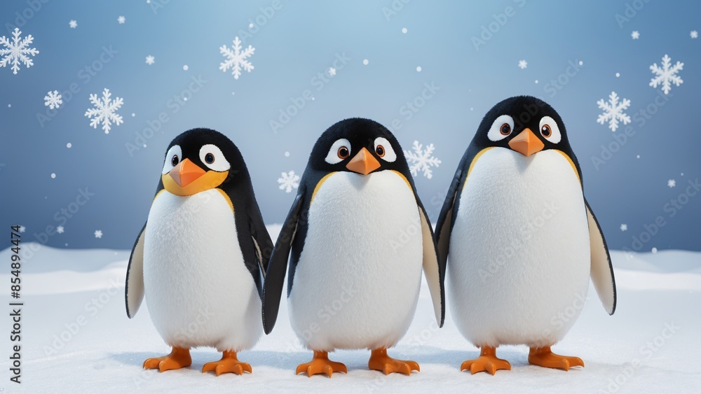 Fototapeta premium Penguins on snow, cute cartoon penguins in winter