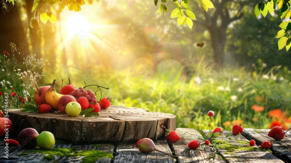 Fresh fruit displayed on wooden table in a sunny garden Fresh fruit displayed on wooden table in a sunny garden