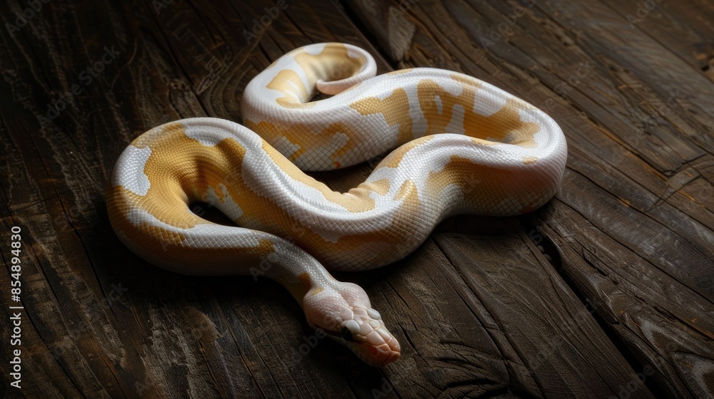 Obraz premium Albino morph Ball Python or Royal Python on dark surface Wood floor setting