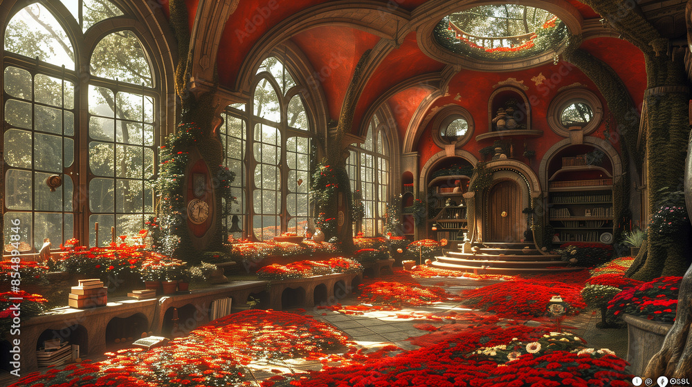 Obraz premium A magical library with arched windows, red flowers covering the floor, and bookshelves filled with books. Sunlight streams through the windows, creating a warm and enchanting atmosphere.