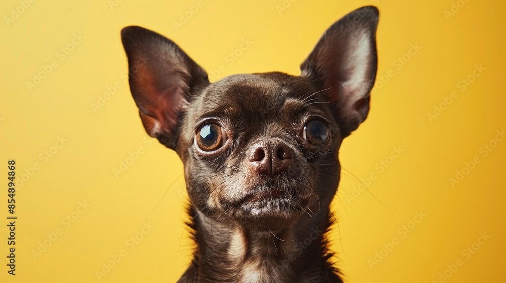 Amusing close up of a chihuahua with a yellow backdrop high quality image Amusing close up of a chihuahua with a yellow backdrop high quality image
