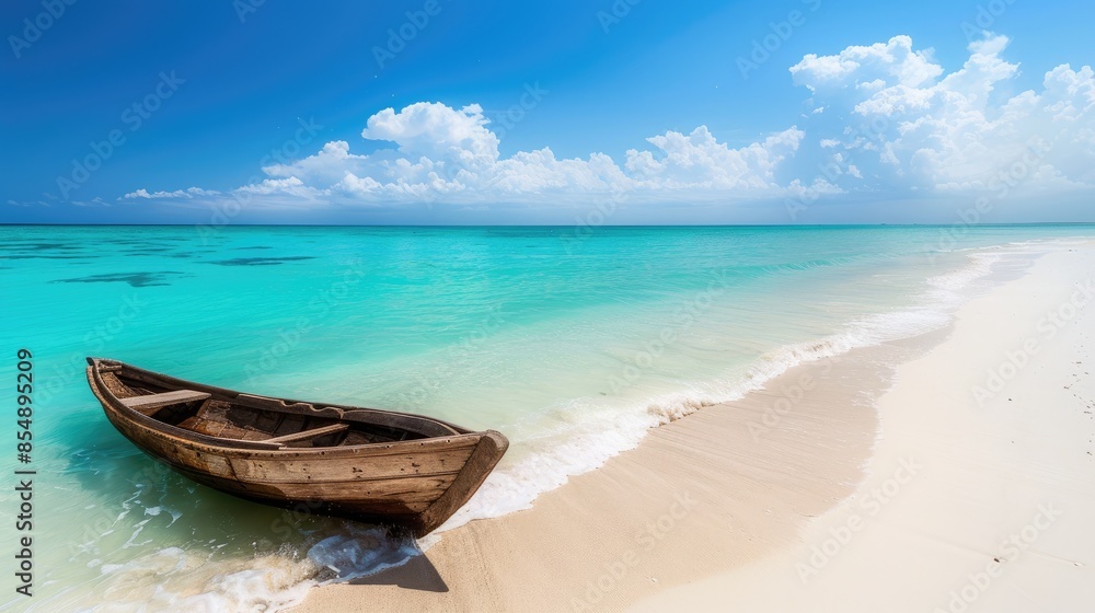 Beautiful tropical beach with clear turquoise water and a wooden boat on a white sand Beautiful tropical beach with clear turquoise water and a wooden boat on a white sand