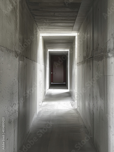 A long hallway in an unrenovated  raw state with spacious concrete walls that have a rough texture. 
