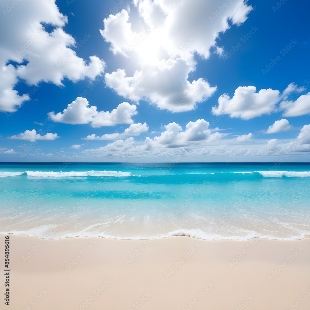 Fototapeta premium A tropical beach with white sand, turquoise blue ocean water, and a bright blue sky with fluffy white clouds