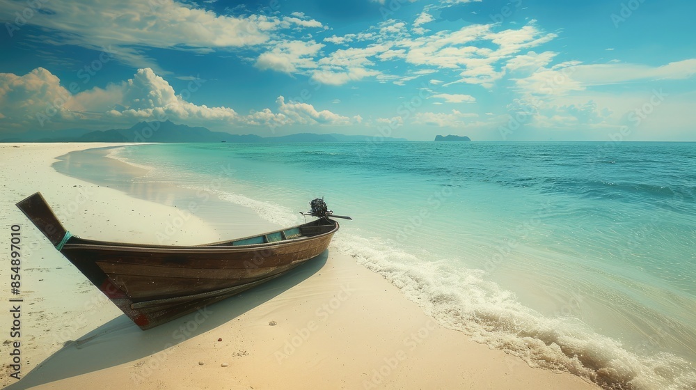 Beautiful tropical beach with clear turquoise water and a wooden boat on a white sand Beautiful tropical beach with clear turquoise water and a wooden boat on a white sand