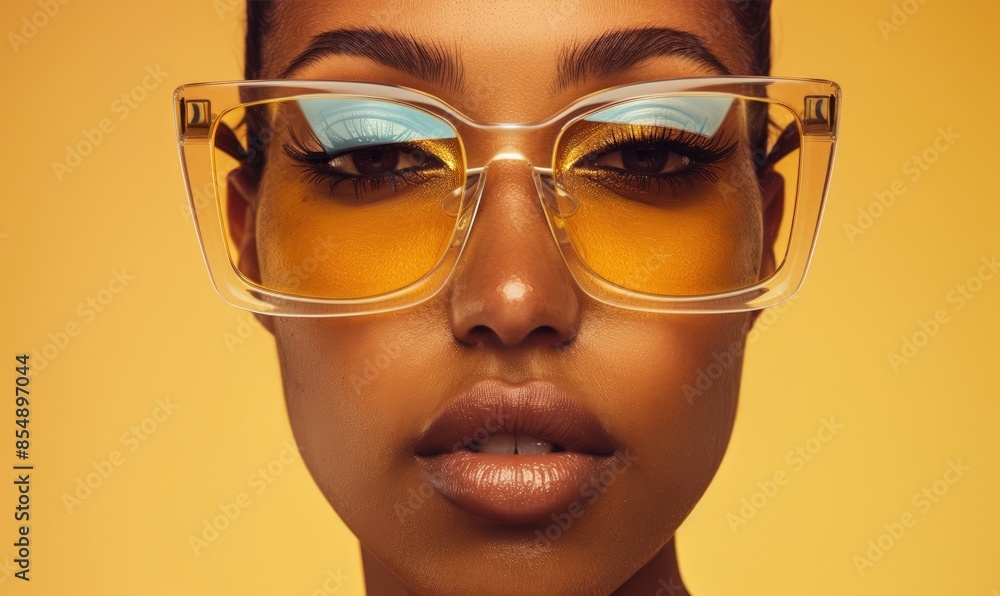 Close-Up of Woman in High-End Fashion Sunglasses with Clear Frames Close-Up of Woman in High-End Fashion Sunglasses with Clear Frames