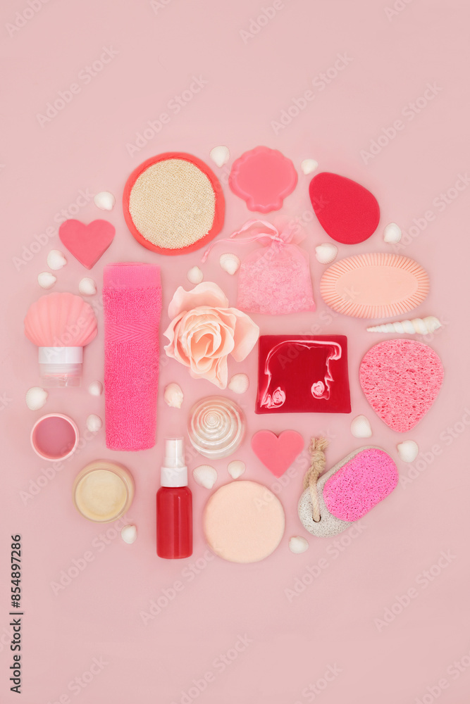 Rose flower skincare feminine spa and bath natural beauty treatment products with body care accessories for healthy skin on pink background. Abstract circle design. Rose flower skincare feminine spa and bath natural beauty treatment products with body care accessories for healthy skin on pink background. Abstract circle design.