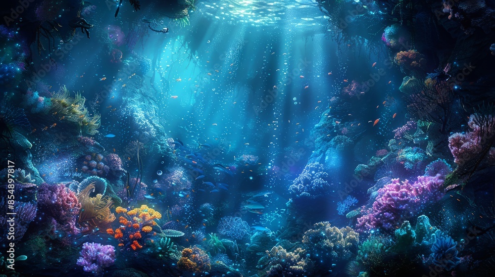 Mystical Underwater Realm with Coral Reefs, Marine Life and Sunlit Waterscape in Vivid Colors Mystical Underwater Realm with Coral Reefs, Marine Life and Sunlit Waterscape in Vivid Colors