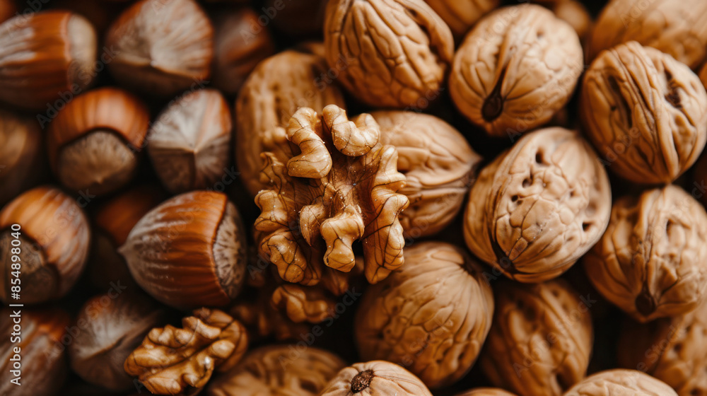 A close-up photo of shelled walnuts and hazelnuts, showcasing their natural textures and colors A close-up photo of shelled walnuts and hazelnuts, showcasing their natural textures and colors