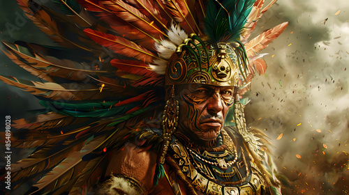 An Incan warrior adorned with feathers and gold, illustration.


