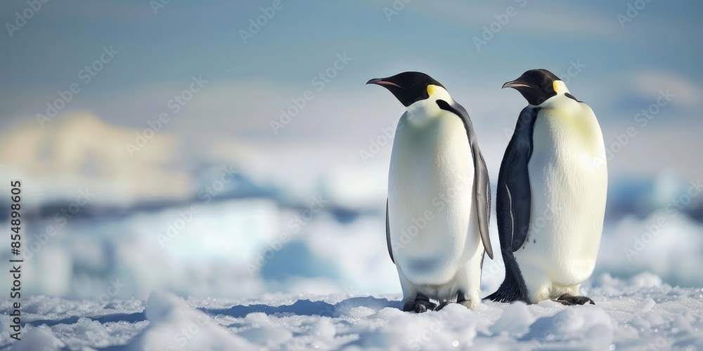 Fototapeta premium Two emperor penguins standing on the ice in Antarctica