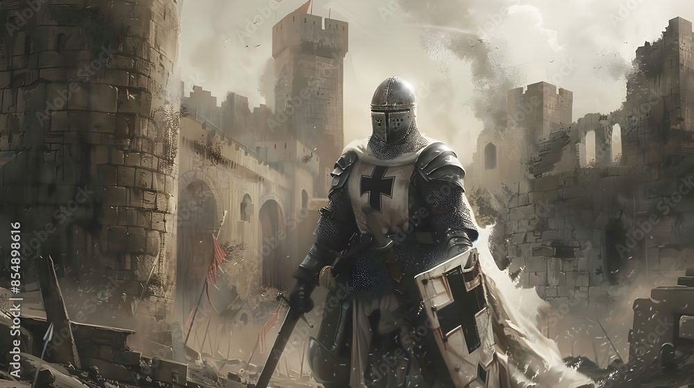 A knight templar standing amidst medieval ruins, illustration.
A knight templar standing amidst medieval ruins, illustration.