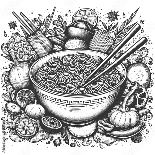 Ramen noodle bowl surrounded by various ingredients, showcasing a rich and flavorful culinary scene sketch engraving generative ai vector illustration. Scratch board imitation. Black and white image.