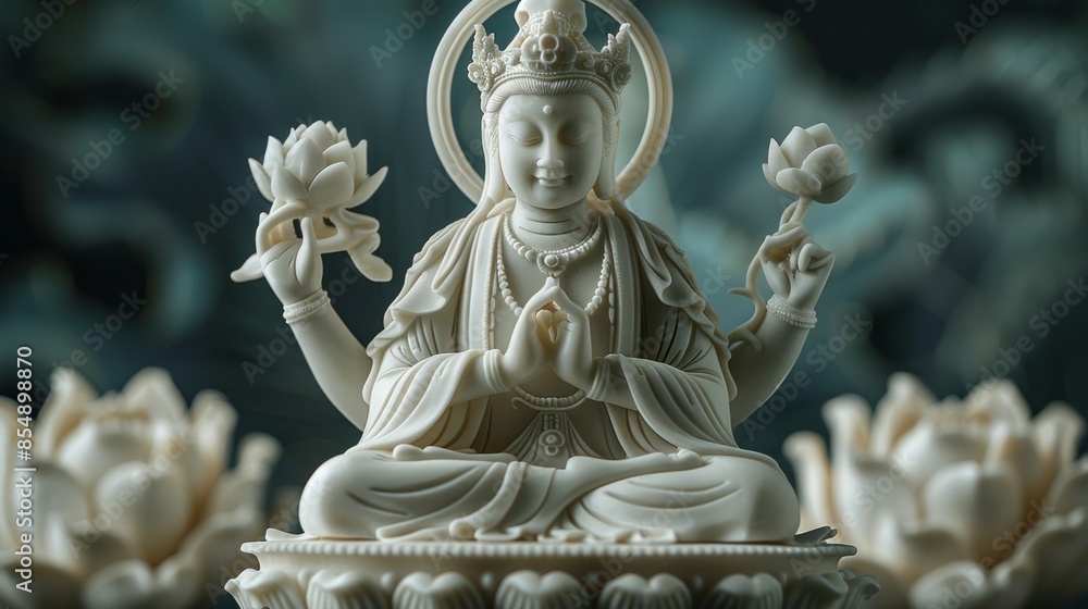 Chinese Statue of Samantabhadra Bodhisattva Holding Lotus Flower on White Jade Elephant Chinese Statue of Samantabhadra Bodhisattva Holding Lotus Flower on White Jade Elephant