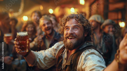 A man with a thick beard and curly hair raises his mug of beer in a dimly lit tavern, surrounded by friends celebrating with him