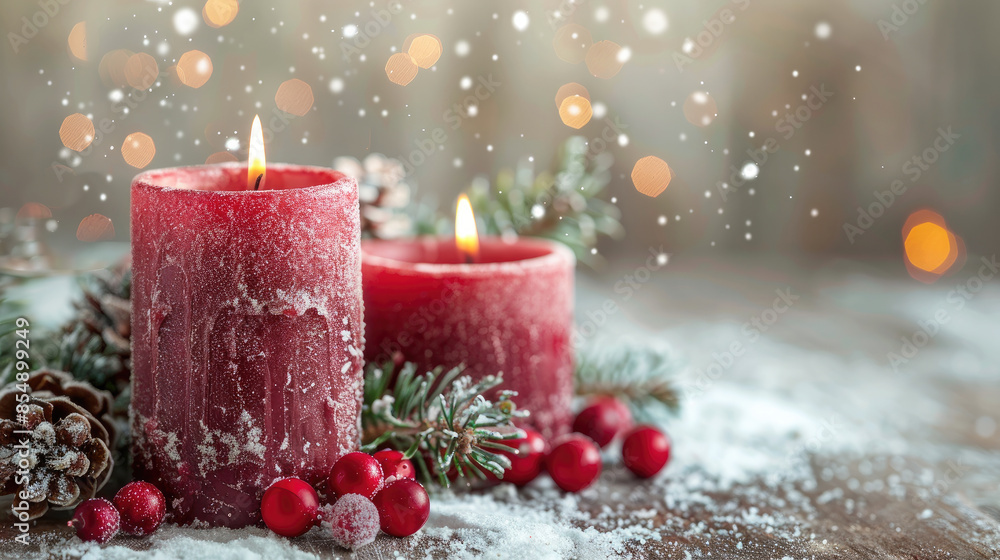Two red candles are burning brightly, surrounded by festive greenery and red berries. The candles are covered in snow, creating a beautiful and peaceful winter scene. Two red candles are burning brightly, surrounded by festive greenery and red berries. The candles are covered in snow, creating a beautiful and peaceful winter scene.
