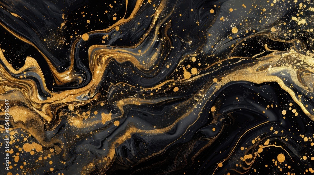 Abstract black marble background with gold paint swirls and splatter Abstract black marble background with gold paint swirls and splatter