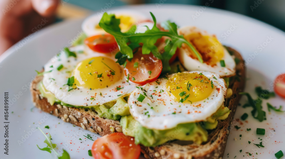 A close-up view of a plate of avocado toast topped with fried eggs, cherry tomatoes, and arugula