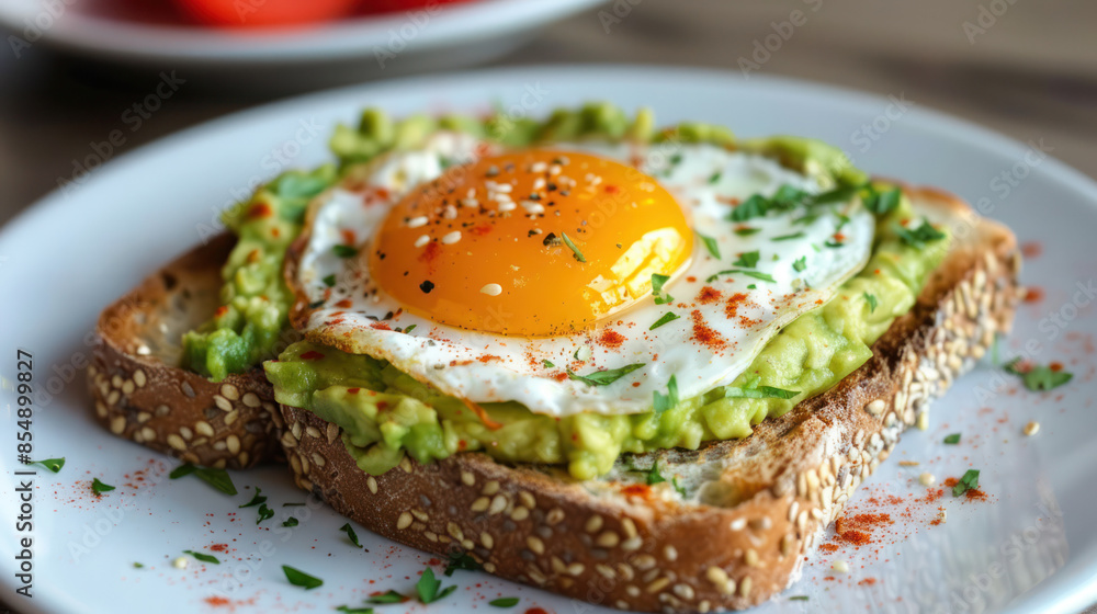A close-up shot of a delicious breakfast of avocado toast topped with a fried egg, sprinkled with sesame seeds and fresh parsley A close-up shot of a delicious breakfast of avocado toast topped with a fried egg, sprinkled with sesame seeds and fresh parsley