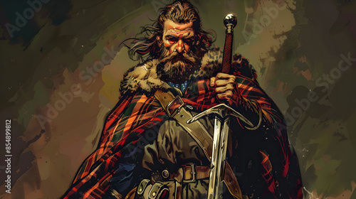 A Scottish Highlander with fierce expression and broadsword, illustration.


