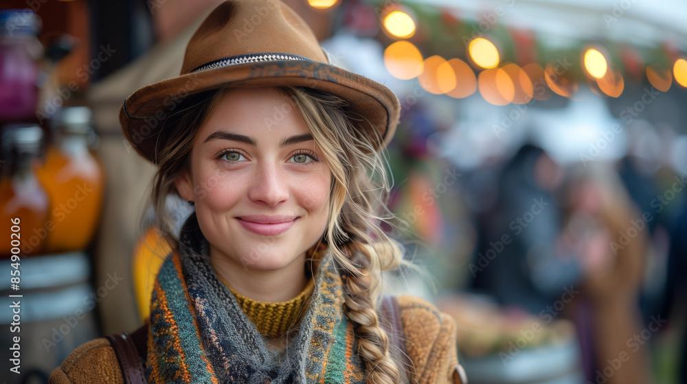 A young woman with a warm smile wears a hat and scarf as she enjoys the festive atmosphere of a market filled with lights and people